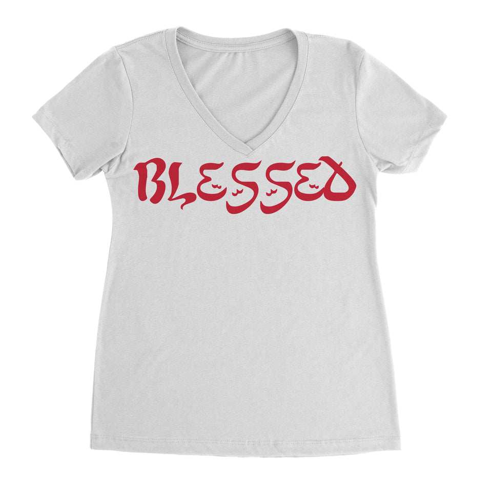 V-Neck White Blessed T-Shirt - Bandionaire Clothing